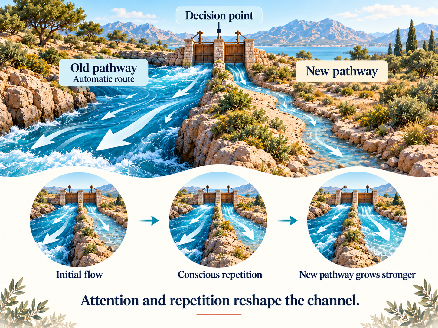 Illustration of a river reaching a decision point at a sluice gate: a strong old pathway labelled "automatic route" and a smaller new pathway. Three panels below show the new pathway growing stronger through conscious repetition. Caption: Attention and repetition reshape the channel.