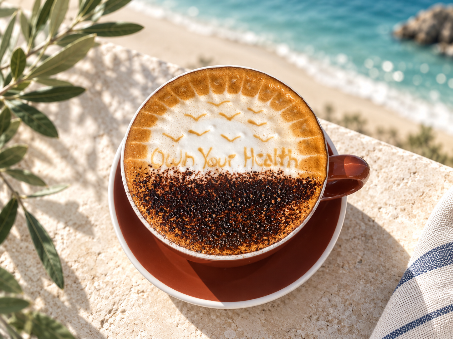 A cup of coffee on a sunlit terrace table overlooking the Mediterranean