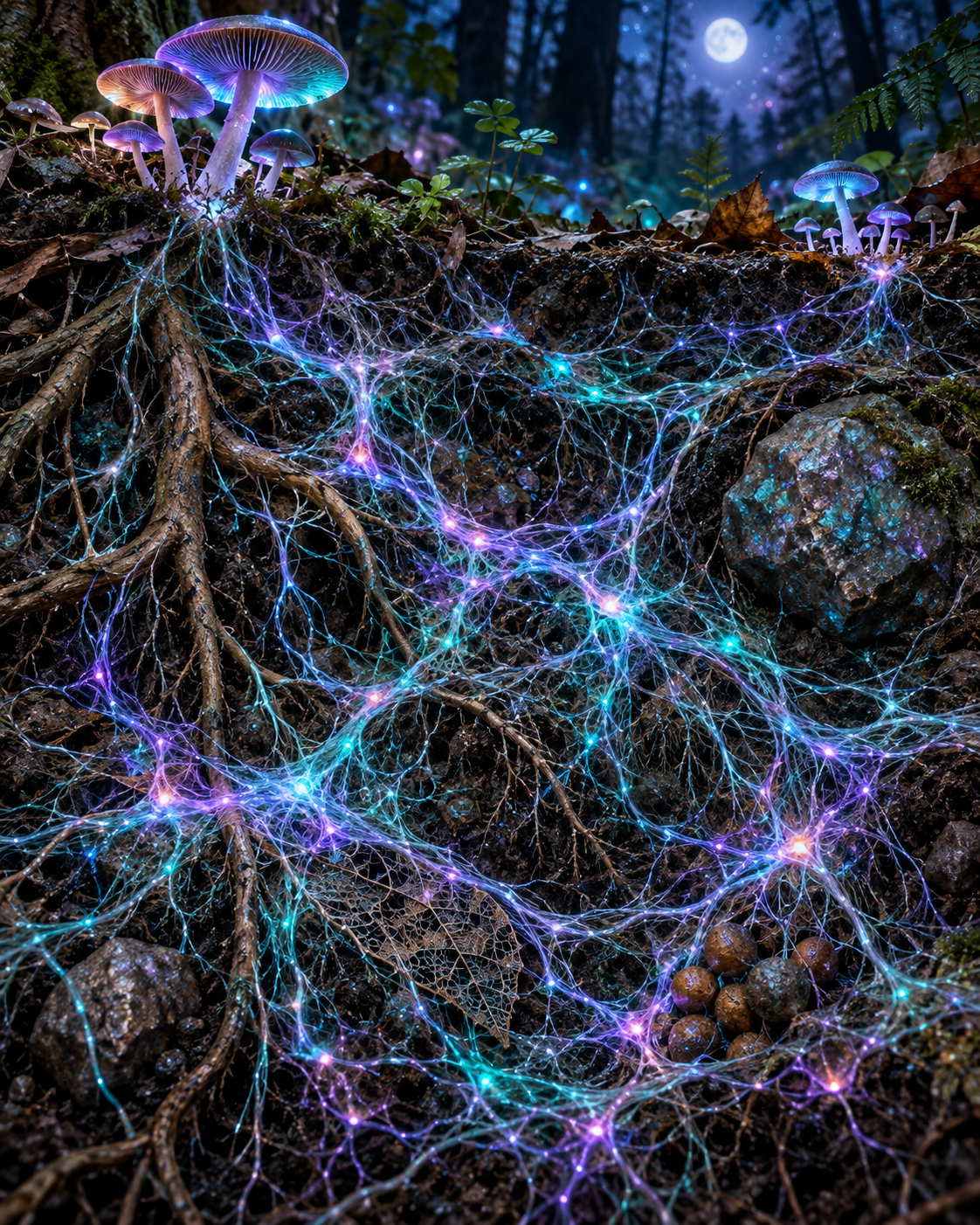 A glowing network of fine threads connecting points of light across a dark background