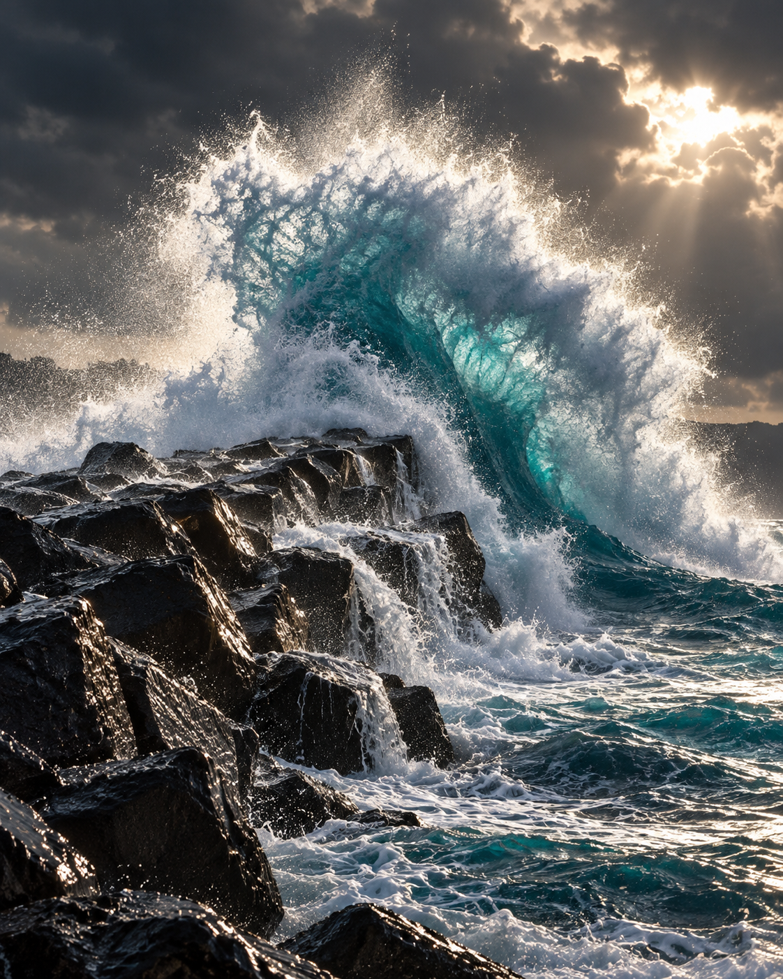 A powerful turquoise wave crashing over rugged coastal rocks