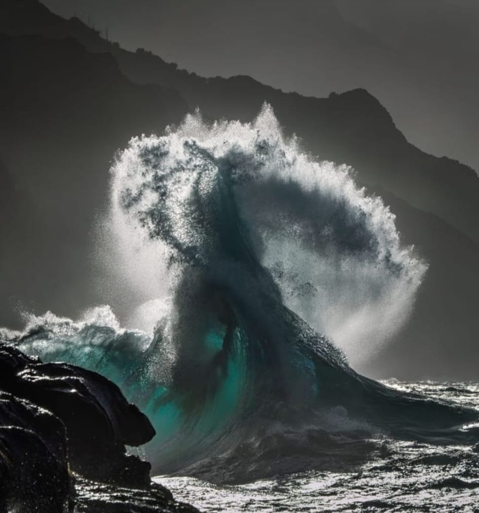A tall wave rising and breaking against dark rocks